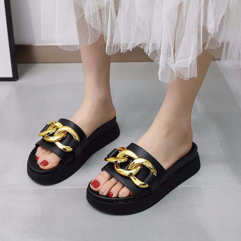 Summer New Style Metal Chain Flat-bottomed Lazy Beach Flip-flop Women - Trendha