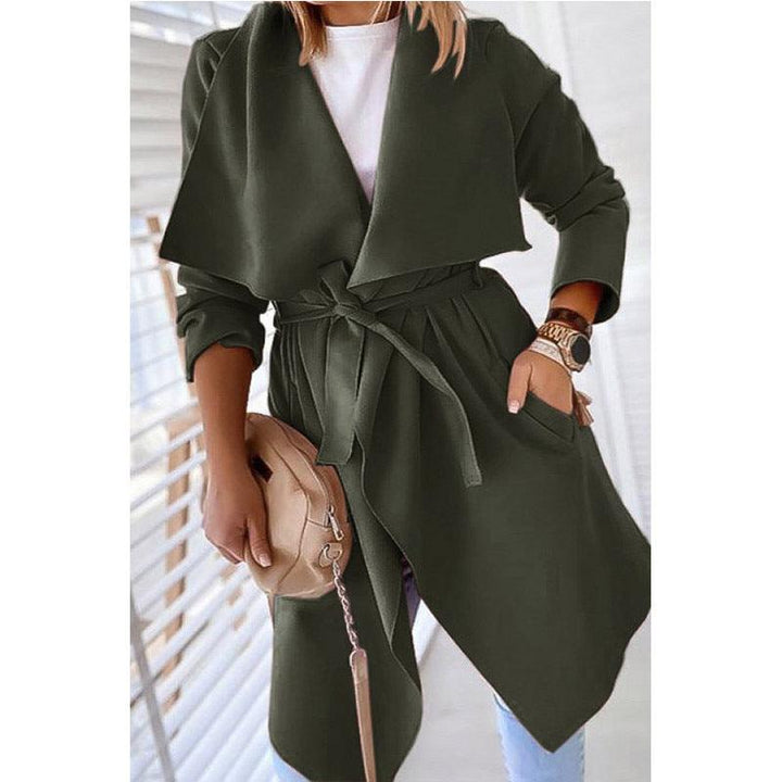 Lapel solid color long trench coat - Trendha