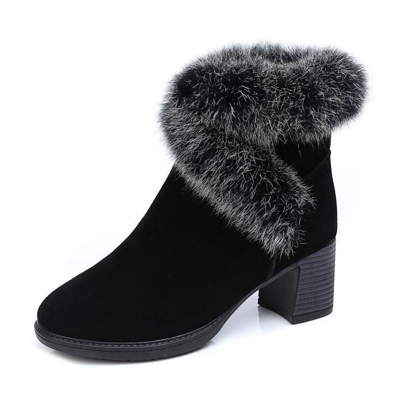 Rabbit Fur Snow Boots Women Cotton Shoes Mid Heel Plus Velvet Thick Warm - Trendha