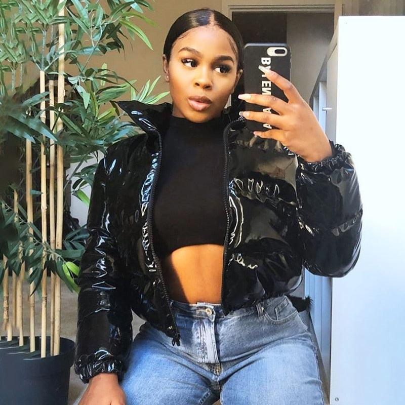Sisterlinda Faux PU Leather Y2K Bubble Puffer Winter Warm Jacket Women Coats Long Sleeve Outerwear Zipper Casual Slim Parkas2021 - Trendha