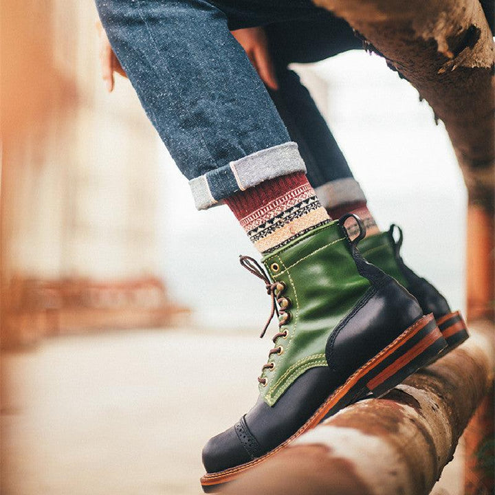 Men's Vintage Color Block High-top Leather Boots - Trendha