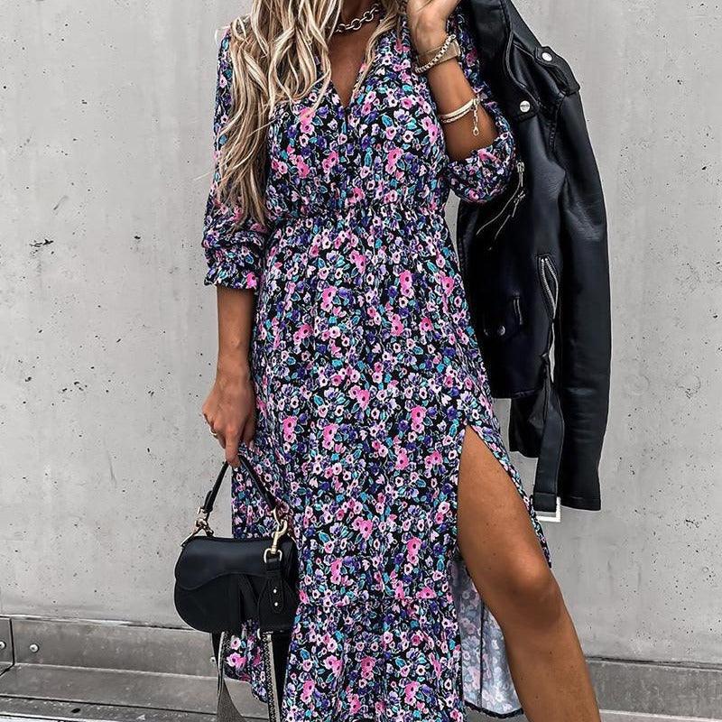 Blue split floral V-neck button long skirt - Trendha