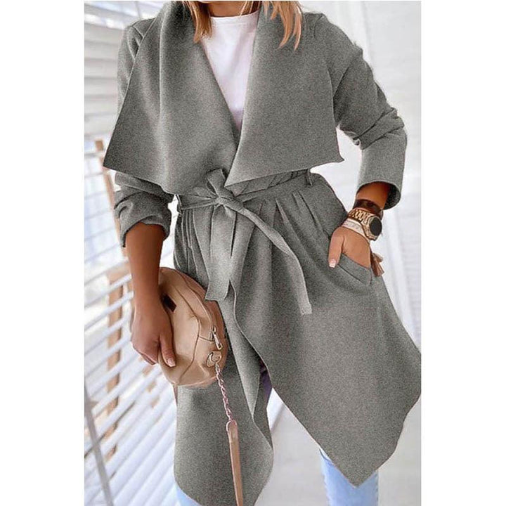 Lapel solid color long trench coat - Trendha