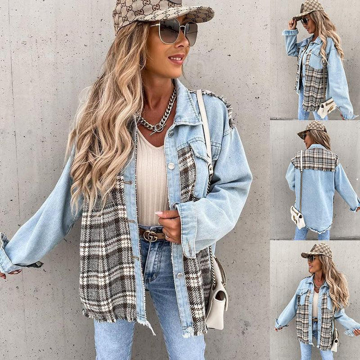 Denim Stitching Plaid Coat Loose Top Women - Trendha