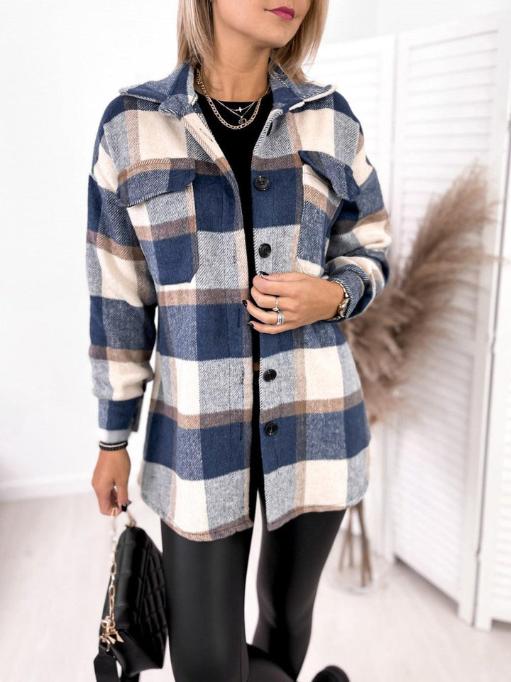 Long-sleeved Single-breasted Plaid Print Shirt Collar Woolen Jacket - Trendha