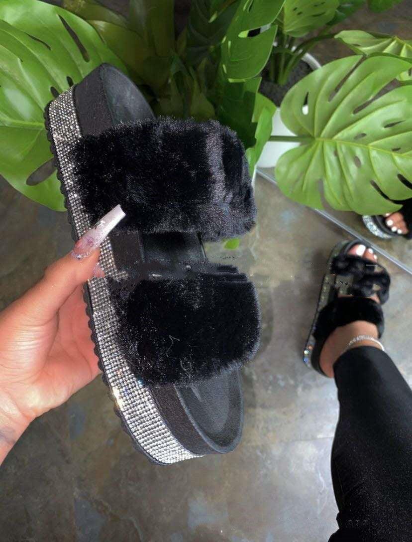 Women Bling Fluffy Slippers Fur Slides Platform Wedges Heel Solid - Trendha