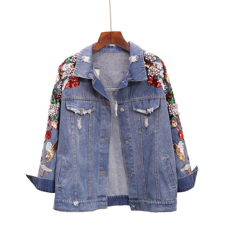 Loose Heavy Industry Embroidered Beaded Sequins Slimming Denim Jacket Women - Trendha