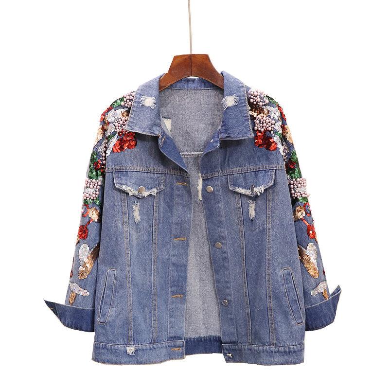 Loose Heavy Industry Embroidered Beaded Sequins Slimming Denim Jacket Women - Trendha