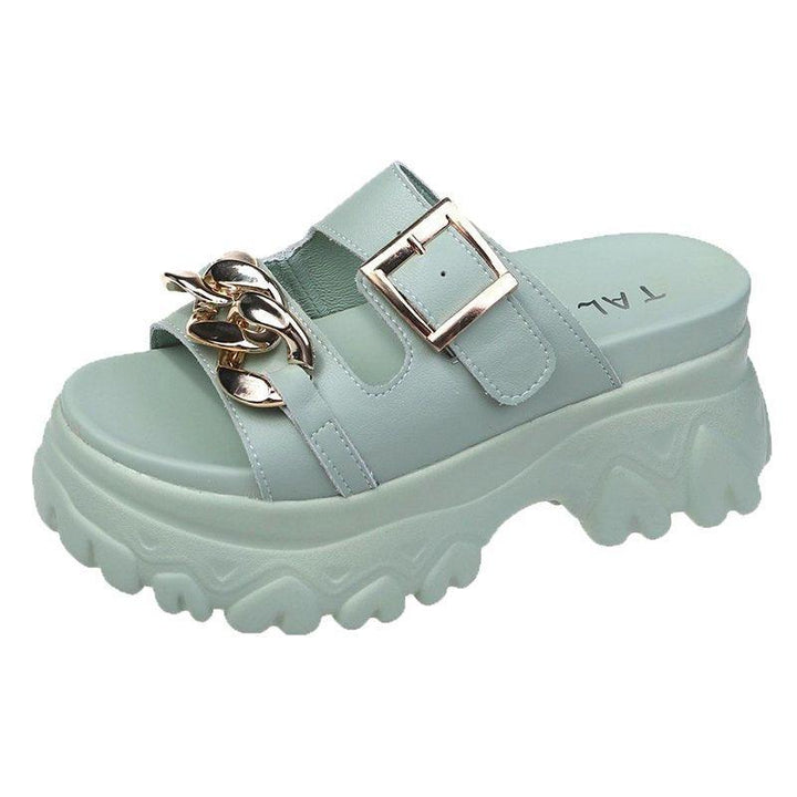 Metal Buckle Heightening Sponge Cake Sandals And Slippers - Trendha