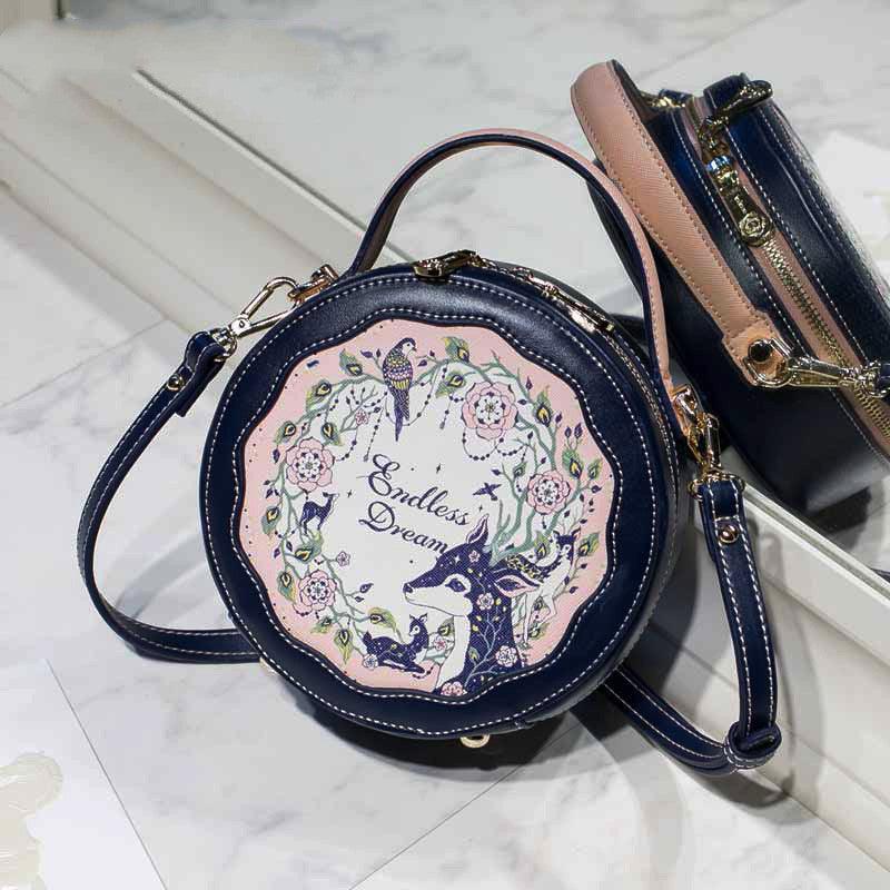 New Contrasting Color Fawn Printed Flower Small Round Bag - Trendha