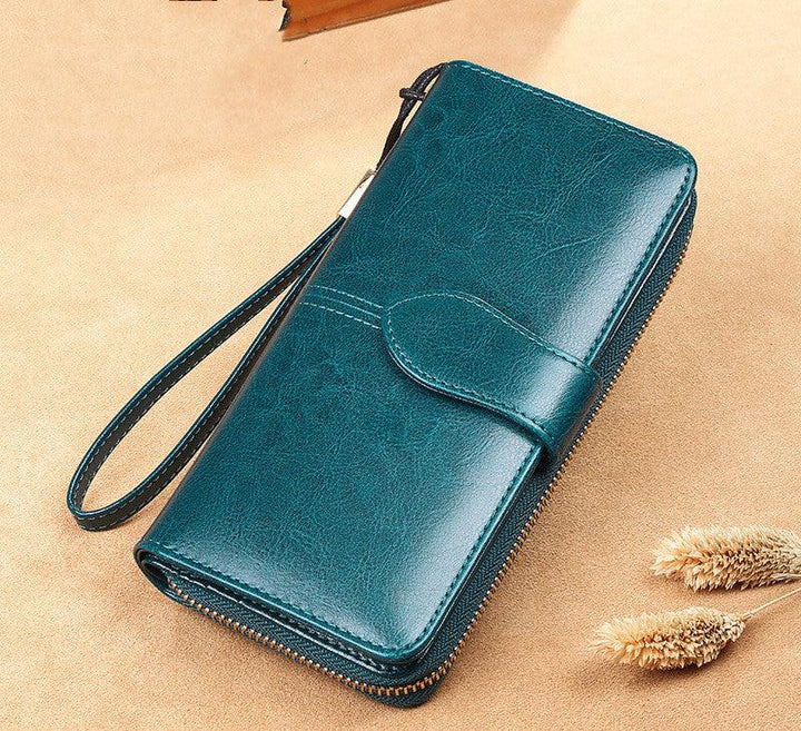 Waxed Cowhide Long Lady Wallet Leather Zipper Wallet Large Capacity - Trendha