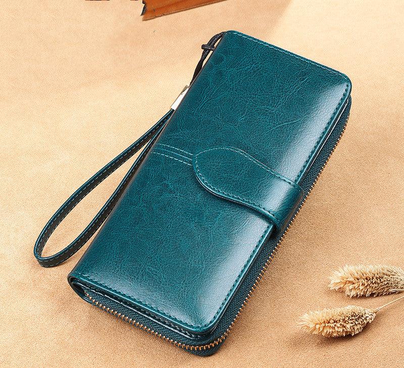 Waxed Cowhide Long Lady Wallet Leather Zipper Wallet Large Capacity - Trendha