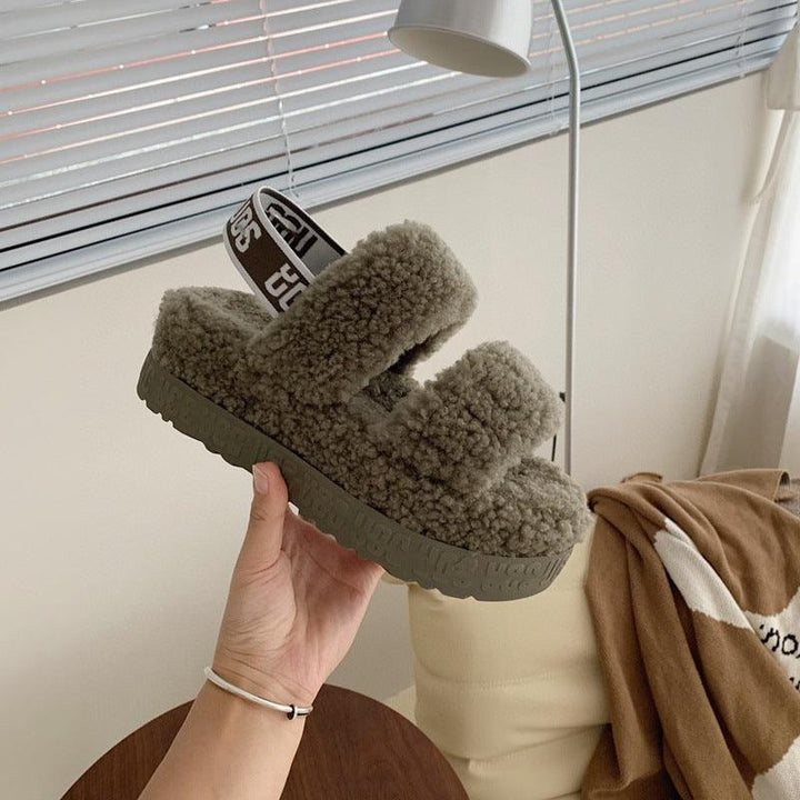 Autumn And Winter Furry Teddy Wool Sponge Cake Platform Slippers - Trendha