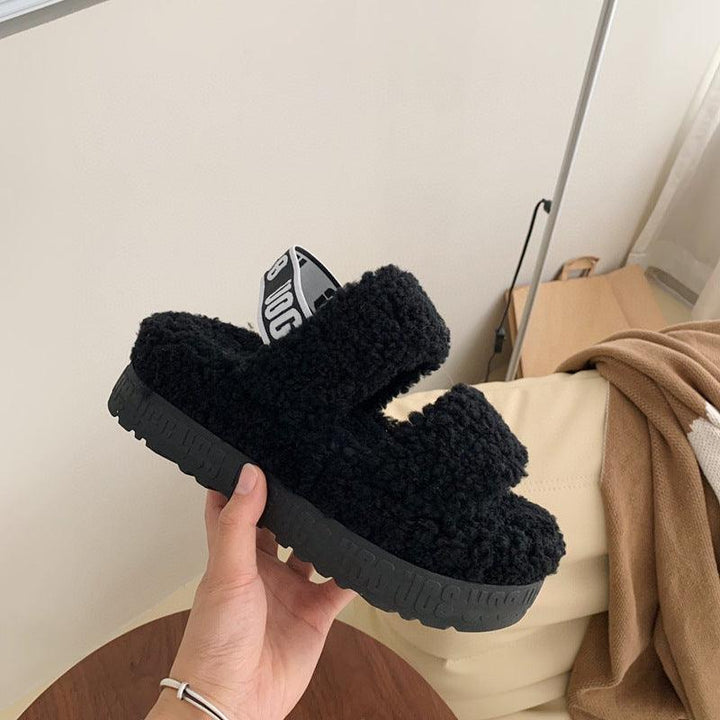 Autumn And Winter Furry Teddy Wool Sponge Cake Platform Slippers - Trendha