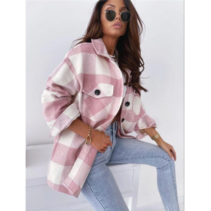 Loose Plaid Woolen Long-sleeved Jacket - Trendha