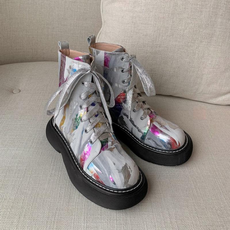 Genuine Leather Printed Sponge Cake Platform Martin Boots New Niche - Trendha