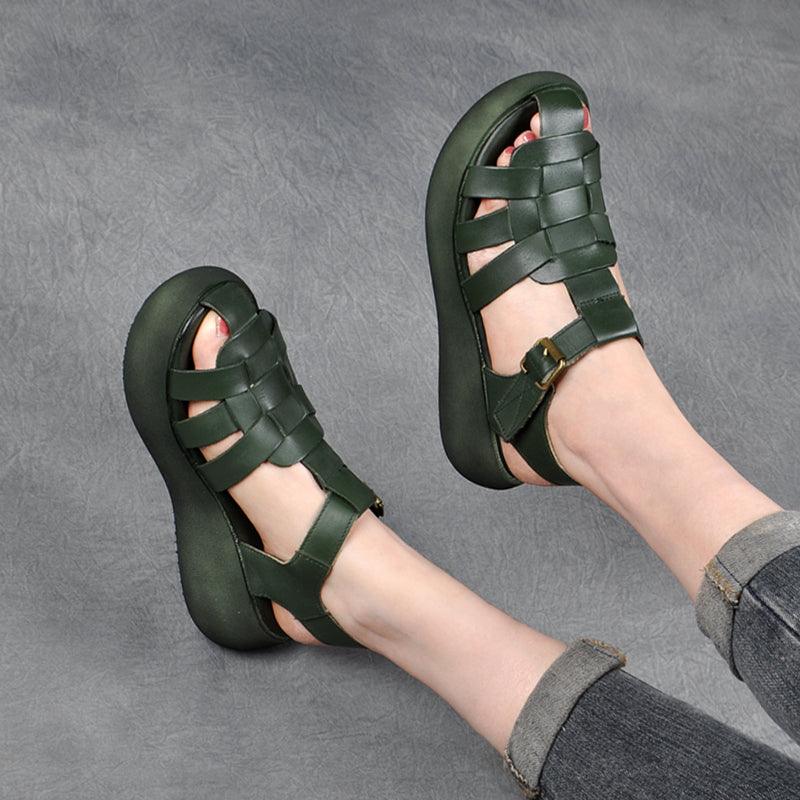 Leather Hollow Woven High Heel Platform Hollow Toe-toe Trifle Roman Sandals - Trendha