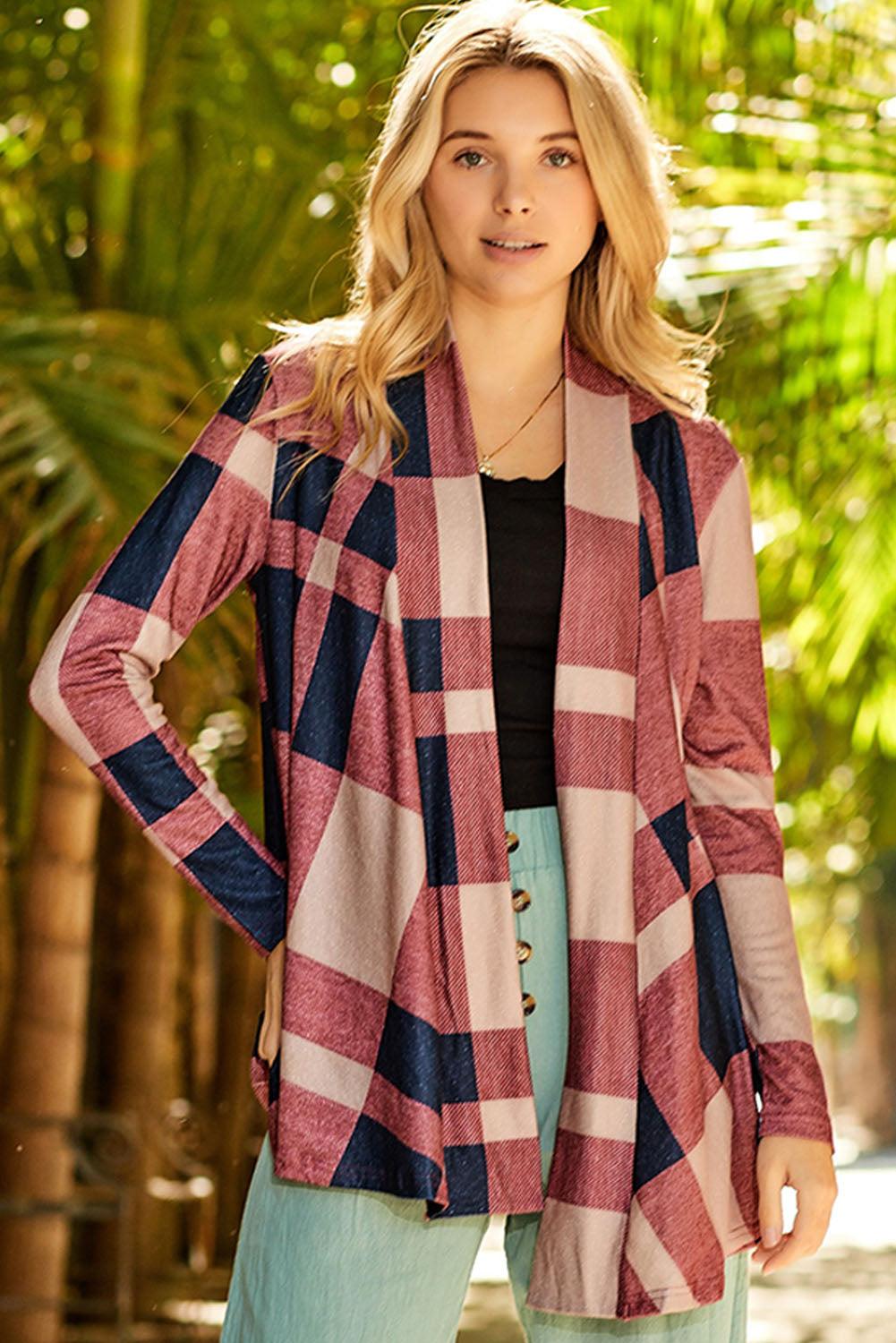 Plaid Open Front Cardigan - Trendha