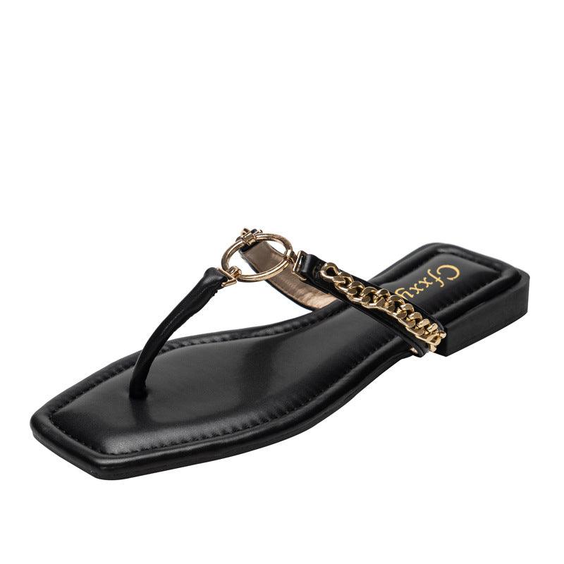 Fashion Chain Round Buckle Flip Flops Womens Low Heels Sandals - Trendha
