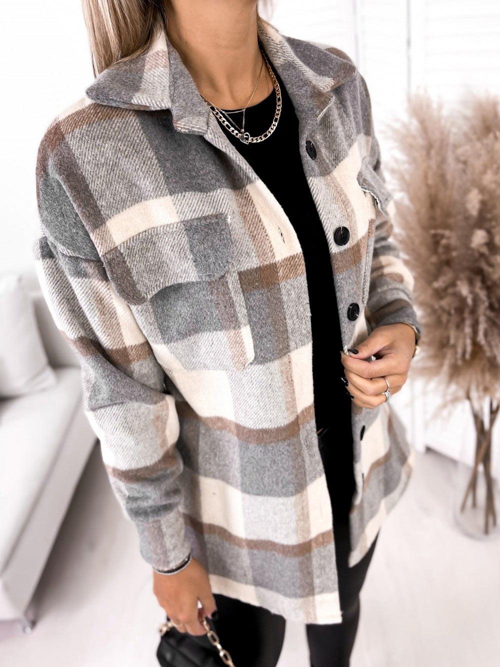 Long-sleeved Single-breasted Plaid Print Shirt Collar Woolen Jacket - Trendha