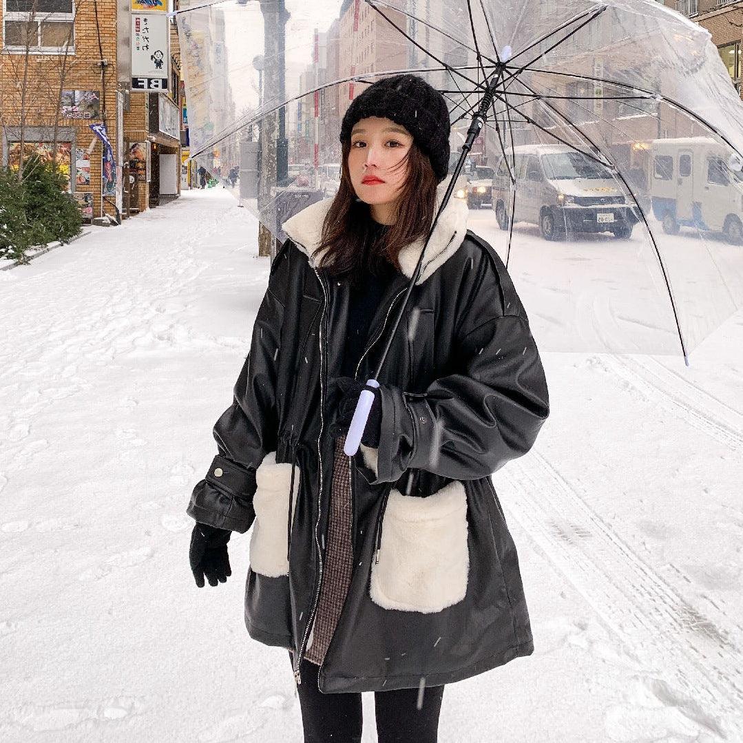 Women's Waist Thickening Lining Stitching Pu Leather Coat Jacket - Trendha