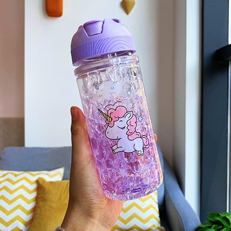 Portable Double Straw Water Bottle with Unicorn Print - Trendha