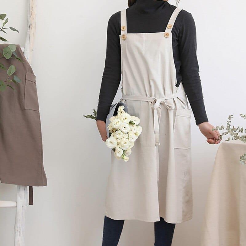 Women's Minimalist Linen Barista Apron with Buttons - Trendha
