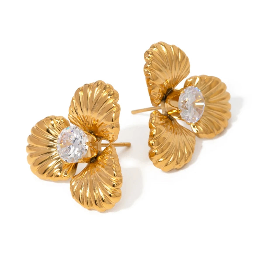Gold-Plated Stainless Steel Zircon Flower Stud Earrings