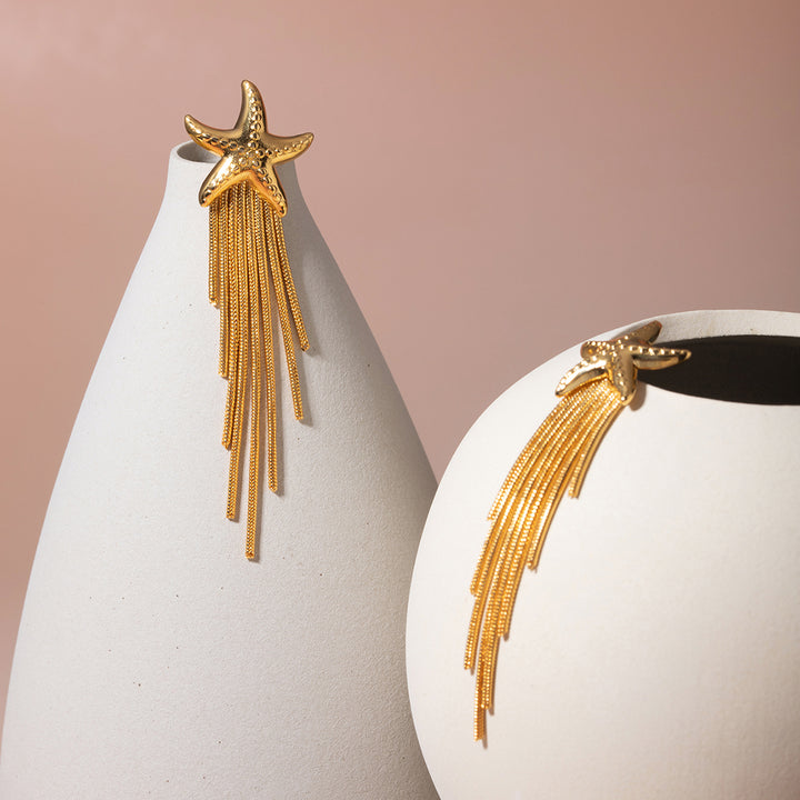 18K Gold Plated Stainless Steel Starfish Tassel Dangle Earrings