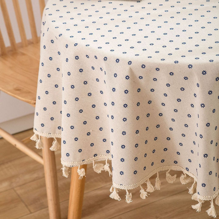 Cotton Linen Round Tablecloth with Tassels - Floral Print, Dust-Proof