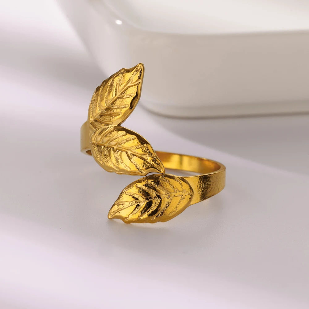 Adjustable Gold Leaves Ring for Women - Stainless Steel Statement Jewelry