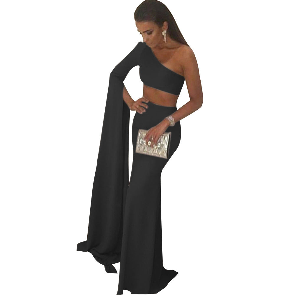 New One-shoulder Sleeve Exposed Navel Formal Dress