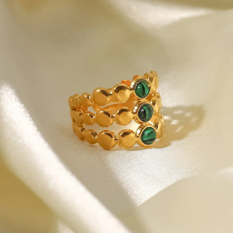 18K Gold Plated Green Malachite Triple Layer Adjustable Ring