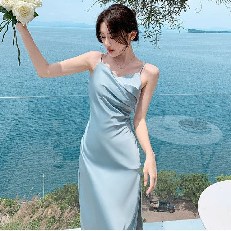 French Style Blue Sling Dress Women's Summer Satin