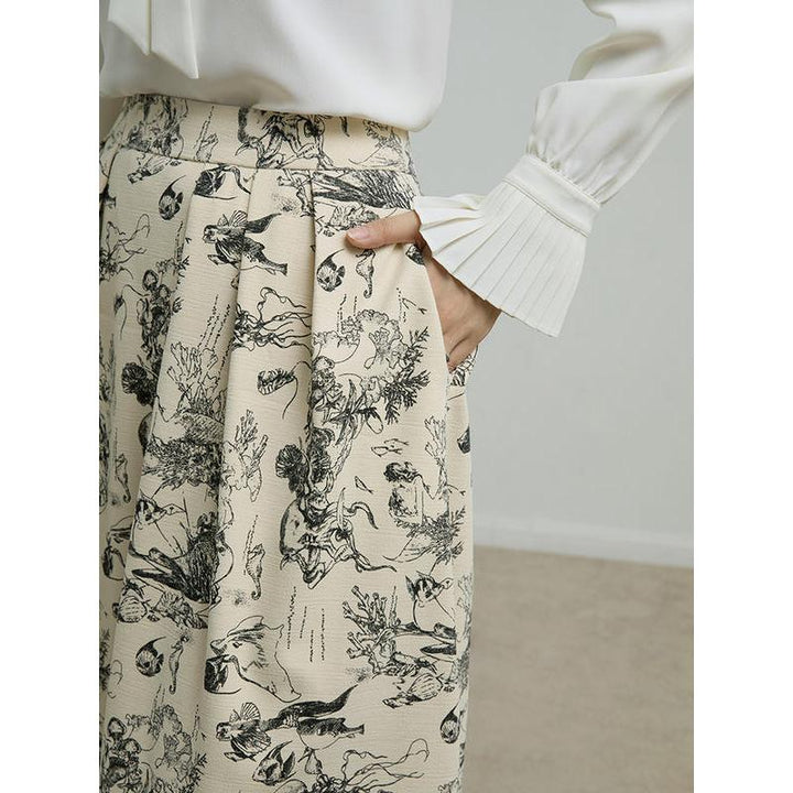 High Waist A-Line Midi Skirt with Ink Animal Print for Winter