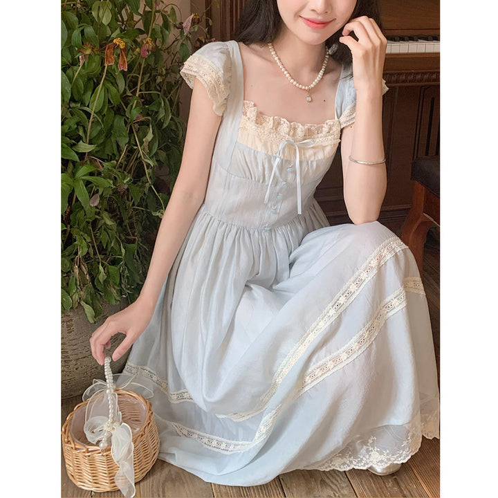 Lace Bow Blue Long Dress Female