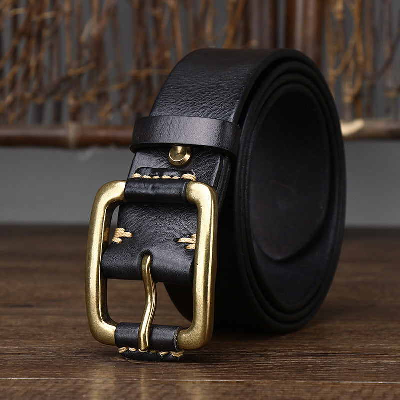 Men's Simple Fashion First Layer Cowhide Retro Brass Buckle Belt