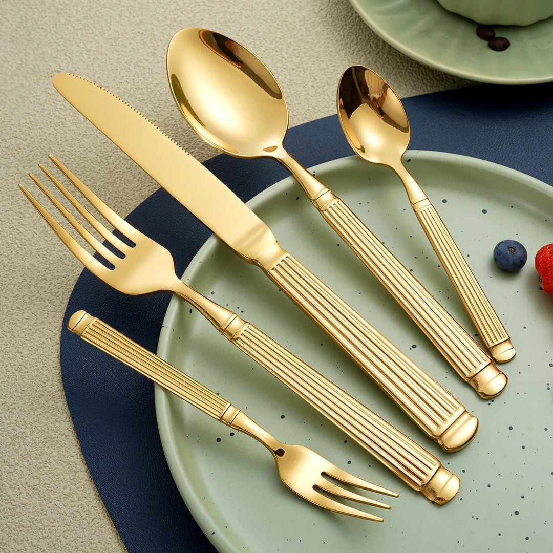 Gold Roman Column Style Cutlery Set - Stainless Steel Flatware Set