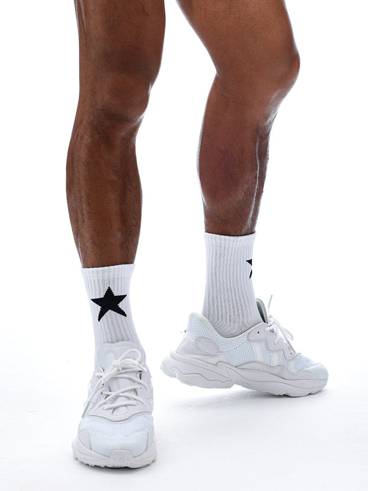 Men's High White Five-pointed Star Pattern Sports Workout Socks