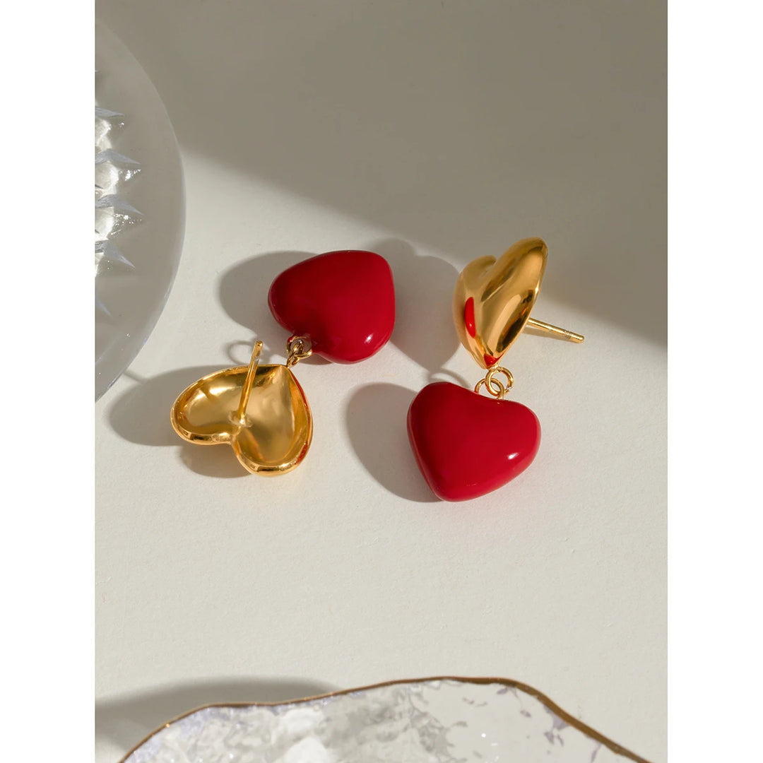 18K Gold Plated Red Heart Pendant Earrings for Women