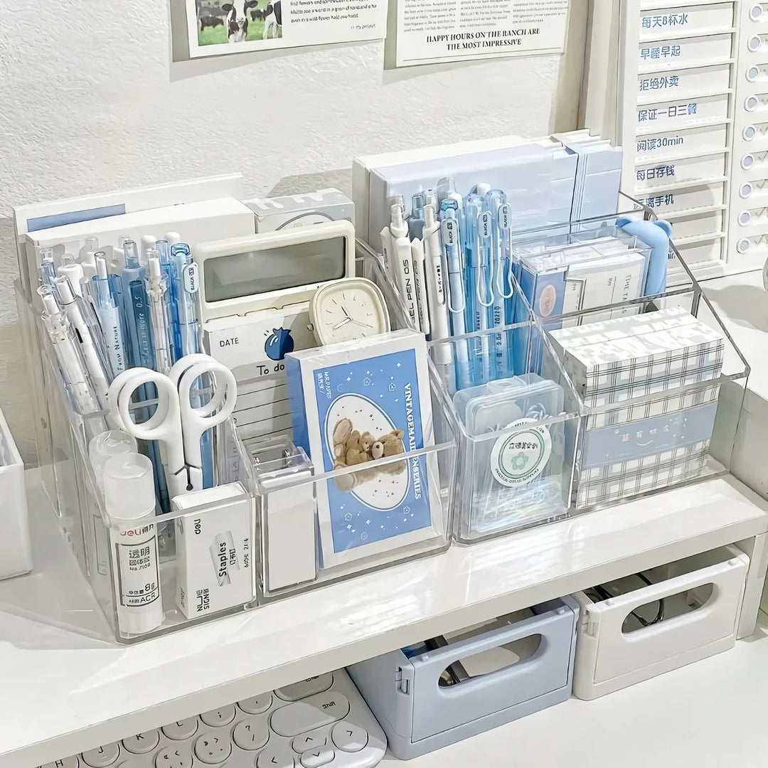 Transparent Acrylic Desktop Pen Holder Organizer with Divided Storage