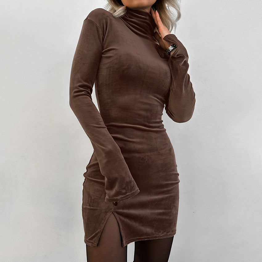 Black Silver Fox Velvet Turtleneck Long Sleeve Dress