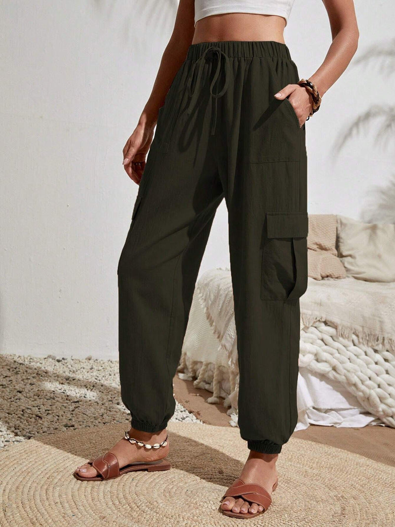 New Drawstring Overalls With Pockets Summer Cool Trousers Casual Versatile Solid Color Skinny Pants Womens Clothing