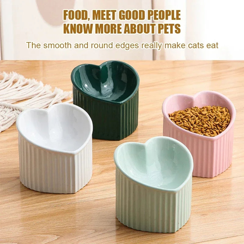 Ceramic Tilted Elevated Heart-Shaped Cat Bowl