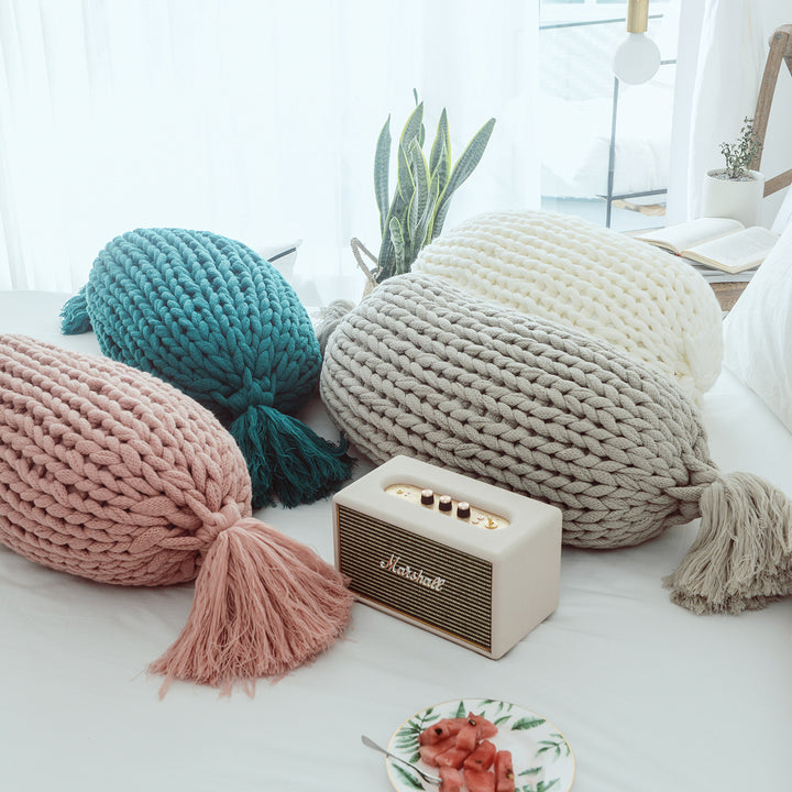 Cute Candy Shape Chunky Knit Pillow with Kawaii Tassel Design