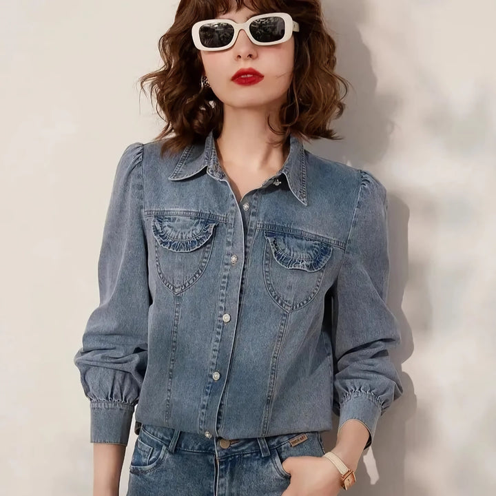 Chic Turn-Down Collar Denim Blouse for Women