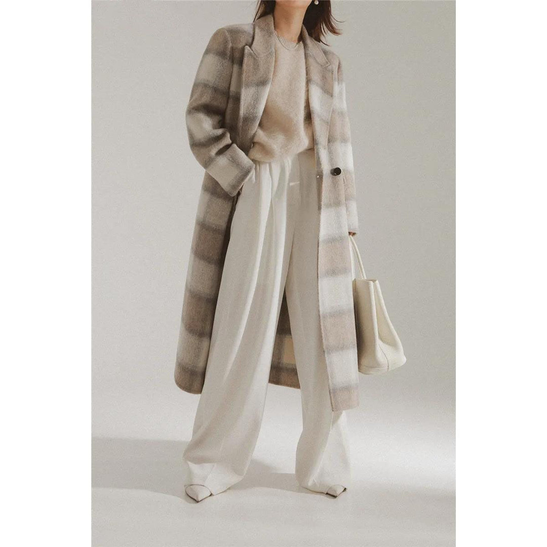 Elegant Plaid Double Breasted Long Woolen Coat for Women