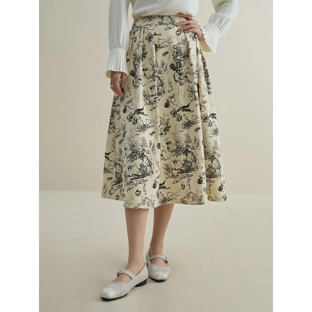 High Waist A-Line Midi Skirt with Ink Animal Print for Winter