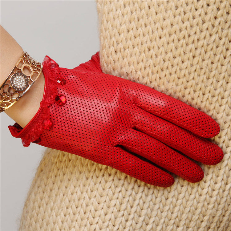 Ladies Sheepskin Perforated Breathable Single Leather Touch Screen Full Finger Gloves