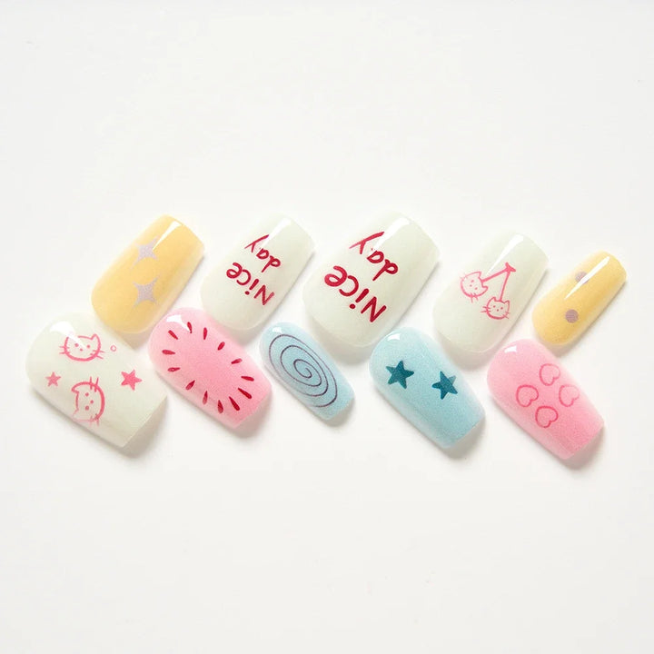 10-Piece Cute Cat & Star French Tip Press-On Nails - Glossy Gradient Full Cover Nails